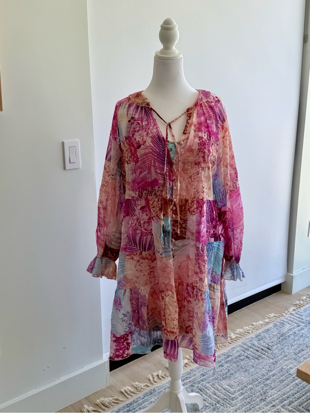 Johnny Was Pink Patchwork Floral Long Sleeve Tie-Neck Dress